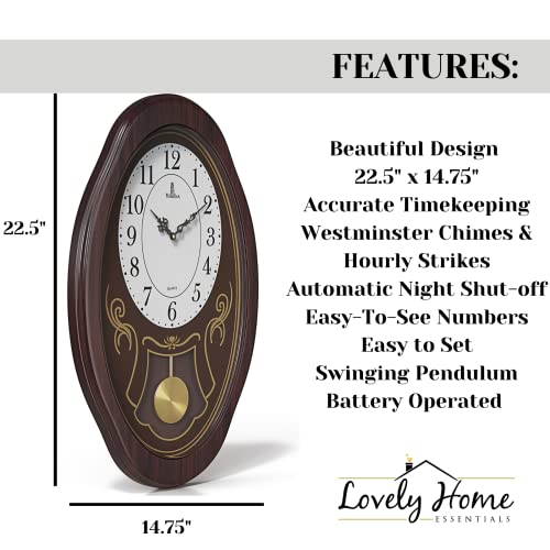 Musical Wall Clock with Pendulum - Oval Pendulum Wall Clock with Melodies & Westminster Chimes - Chiming Clock Battery Operated, Wood Pendulum Clock for Living Room, Office, Home Decor & Gift
