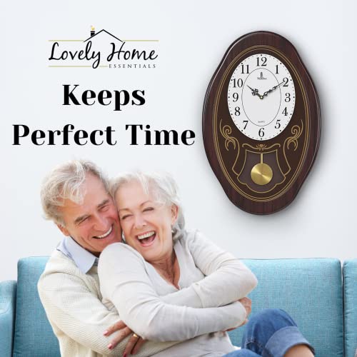 Musical Wall Clock with Pendulum - Oval Pendulum Wall Clock with Melodies & Westminster Chimes - Chiming Clock Battery Operated, Wood Pendulum Clock for Living Room, Office, Home Decor & Gift