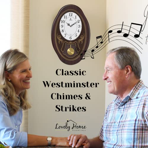 Musical Wall Clock with Pendulum - Oval Pendulum Wall Clock with Melodies & Westminster Chimes - Chiming Clock Battery Operated, Wood Pendulum Clock for Living Room, Office, Home Decor & Gift