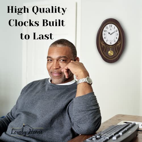 Musical Wall Clock with Pendulum - Oval Pendulum Wall Clock with Melodies & Westminster Chimes - Chiming Clock Battery Operated, Wood Pendulum Clock for Living Room, Office, Home Decor & Gift