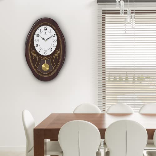 Musical Wall Clock with Pendulum - Oval Pendulum Wall Clock with Melodies & Westminster Chimes - Chiming Clock Battery Operated, Wood Pendulum Clock for Living Room, Office, Home Decor & Gift