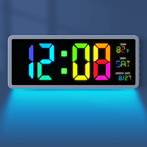 16" Large Colorful Digital Wall Clock | 7 Night Lights | 5 Dimmer, Big LED Display with Day of Week | Date | Indoor Temperature | DST, Clear Read Clock for Living Room Bedroom Office Gym Farmhouse