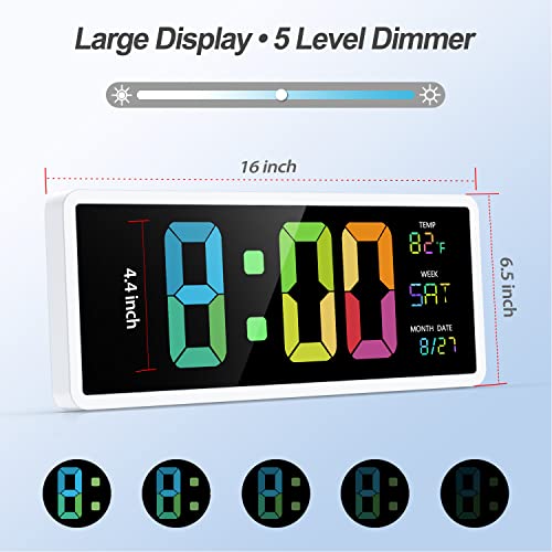 16" Large Colorful Digital Wall Clock | 7 Night Lights | 5 Dimmer, Big LED Display with Day of Week | Date | Indoor Temperature | DST, Clear Read Clock for Living Room Bedroom Office Gym Farmhouse