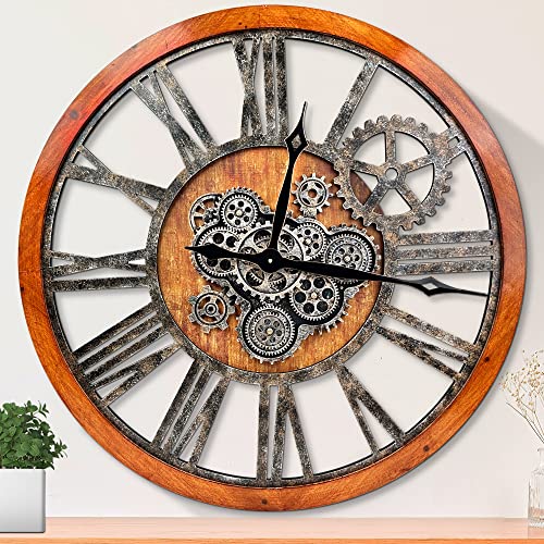 HOIBAI Large Wall Clock, Wall Clocks for Living Room Decor 36 Inch Farmhouse Vintage Rustic Kitchen Wall Decor Vintage Roman Oversized Wall Clock for Home Bedroom House Office, Moving Gears Clock