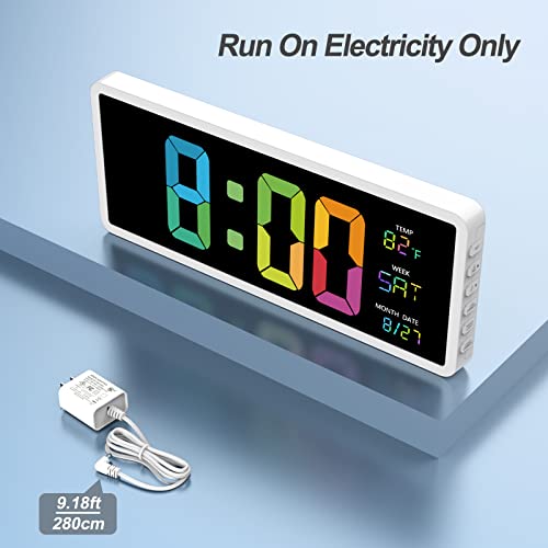 16" Large Colorful Digital Wall Clock | 7 Night Lights | 5 Dimmer, Big LED Display with Day of Week | Date | Indoor Temperature | DST, Clear Read Clock for Living Room Bedroom Office Gym Farmhouse