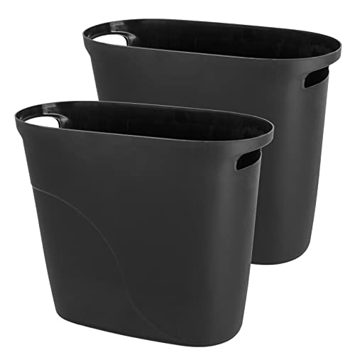 Plastic Small Trash Can with Handles 3.2 Gallon Slim Wastebasket Bin Narrow Garbage Container for Offices, Kitchens, Bathrooms, Dorms - 2 Pack Black (2PC Black)