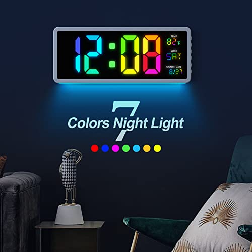 16" Large Colorful Digital Wall Clock | 7 Night Lights | 5 Dimmer, Big LED Display with Day of Week | Date | Indoor Temperature | DST, Clear Read Clock for Living Room Bedroom Office Gym Farmhouse