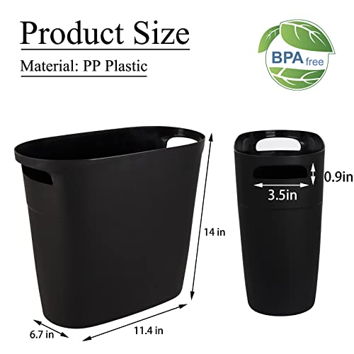 Plastic Small Trash Can with Handles 3.2 Gallon Slim Wastebasket Bin Narrow Garbage Container for Offices, Kitchens, Bathrooms, Dorms - 2 Pack Black (2PC Black)