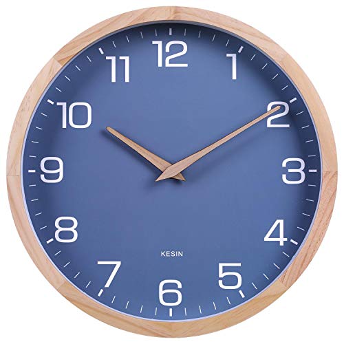 Kesin 12 Inches Wood Blue Wall Clock Silent Round Modern Wall Clocks Battery Operated with Large Numbers & HD Glass Decorative Home Kitchen Living Room Bedroom Kid's Room Office