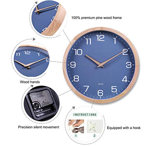 Kesin 12 Inches Wood Blue Wall Clock Silent Round Modern Wall Clocks Battery Operated with Large Numbers & HD Glass Decorative Home Kitchen Living Room Bedroom Kid's Room Office