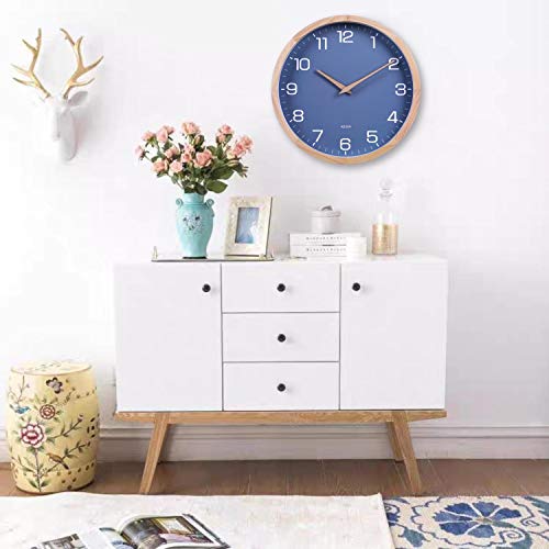 Kesin 12 Inches Wood Blue Wall Clock Silent Round Modern Wall Clocks Battery Operated with Large Numbers & HD Glass Decorative Home Kitchen Living Room Bedroom Kid's Room Office