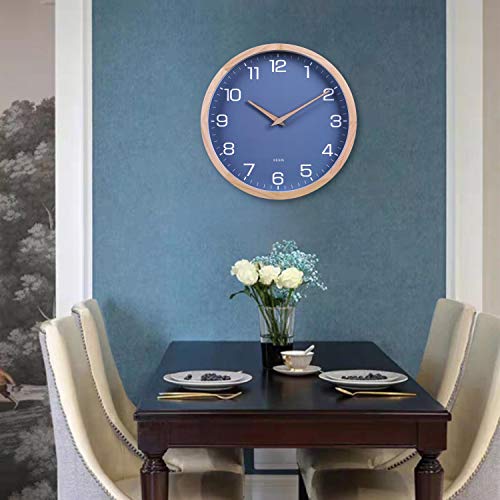 Kesin 12 Inches Wood Blue Wall Clock Silent Round Modern Wall Clocks Battery Operated with Large Numbers & HD Glass Decorative Home Kitchen Living Room Bedroom Kid's Room Office