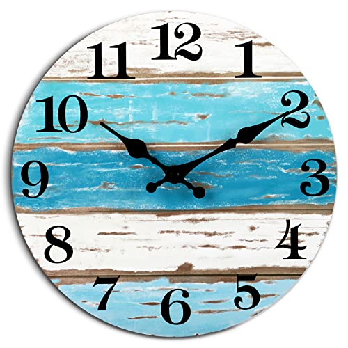 Wall Clock - Beach Themed Blue Wall Clocks Battery Operated Silent Non-Ticking, Vintage Round Rustic Coastal Nautical Clock Decorative for Home Kitchen Living Room Office Bathroom Bedroom(10 Inch)