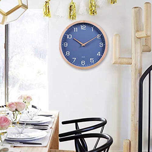 Kesin 12 Inches Wood Blue Wall Clock Silent Round Modern Wall Clocks Battery Operated with Large Numbers & HD Glass Decorative Home Kitchen Living Room Bedroom Kid's Room Office