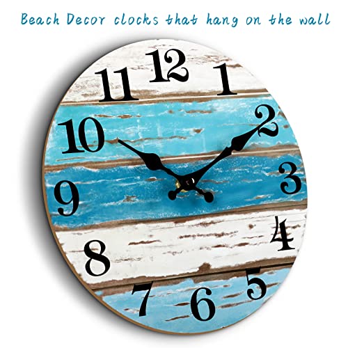 Blue Beach-Themed Silent Battery-Operated Wall Clock