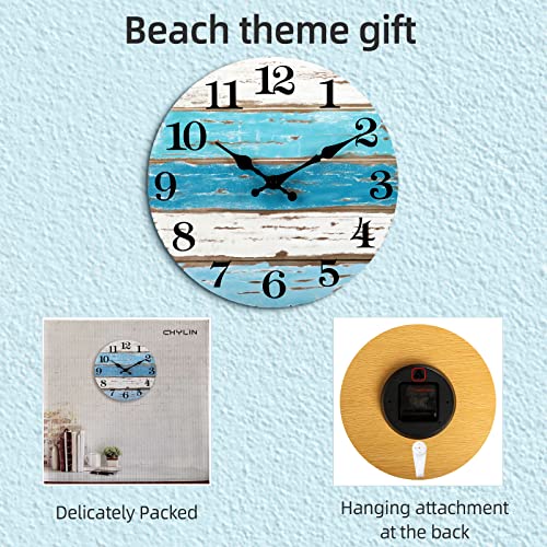 Blue Beach-Themed Silent Battery-Operated Wall Clock