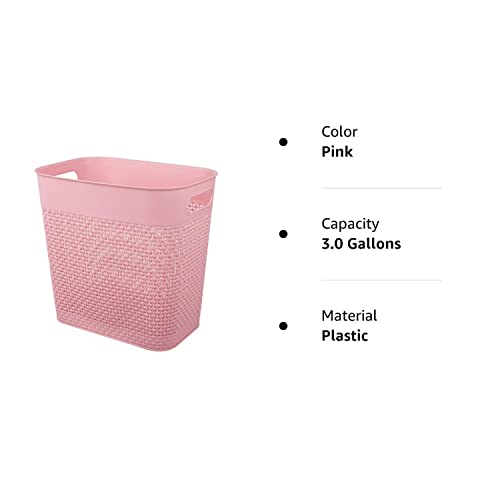 UUJOLY Plastic Trash Can Wastebasket, Garbage Container Basket for Bathrooms, Kitchens, Offices, Kids Rooms (Pink, 3 Gallon), 1 Pack