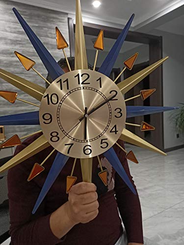 SHISEDECO Mid-Century Instruments Satellite Metal Crystal Wall Clock, Large Starburst Decoration for Home, Kitchen,Living Room,Office (Classic Blue 30")