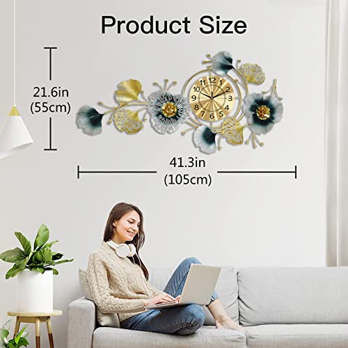 Fmnnfp Large Decorative Wall Clock 42 Inch Light Luxury Ginkgo Leaf Quartz Clock with Silent Movement Wall Clock for Living Room Bedroom Office
