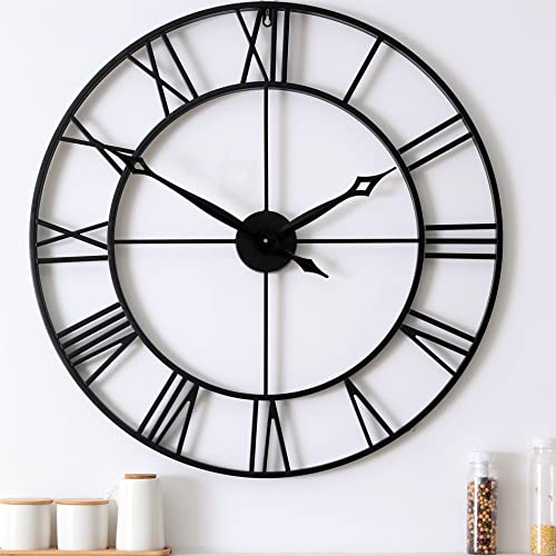 CLXEAST 30 Inch Large Wall Clock Modern, Oversized Roman Numeral Decorative Art Metal Wall Clock, Indoor Silent Clock for Living Room Decor,Fireplace,Office- Black(30")