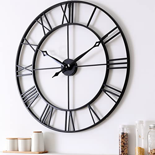 CLXEAST 30 Inch Large Wall Clock Modern, Oversized Roman Numeral Decorative Art Metal Wall Clock, Indoor Silent Clock for Living Room Decor,Fireplace,Office- Black(30")