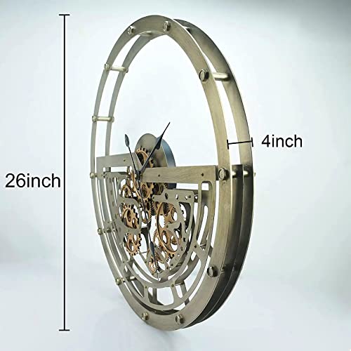 XYFZRL Large Wall Clock with Real Moving Gears 26In Farmhouse Industrial Steampunk Aesthetics Art Home Decor Clock Modern Metal Silent Wall Clock for Living Room Decor Kitchen Office (Bronze Copper)