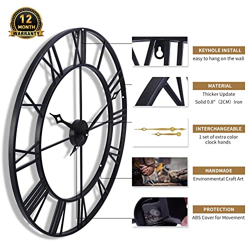 CLXEAST 30 Inch Large Wall Clock Modern, Oversized Roman Numeral Decorative Art Metal Wall Clock, Indoor Silent Clock for Living Room Decor,Fireplace,Office- Black(30")