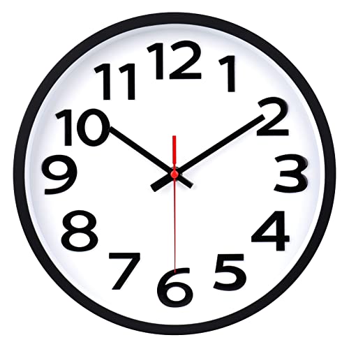 Wall Clock Battery Operated Silent Non-Ticking Easy to Read Modern Decorative for Home Office School (10 Inch Black)