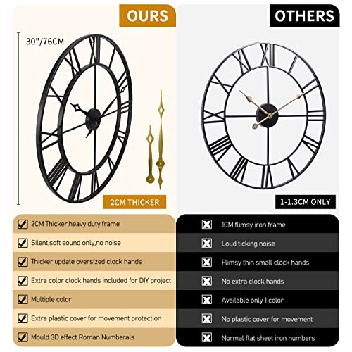 CLXEAST 30 Inch Large Wall Clock Modern, Oversized Roman Numeral Decorative Art Metal Wall Clock, Indoor Silent Clock for Living Room Decor,Fireplace,Office- Black(30")