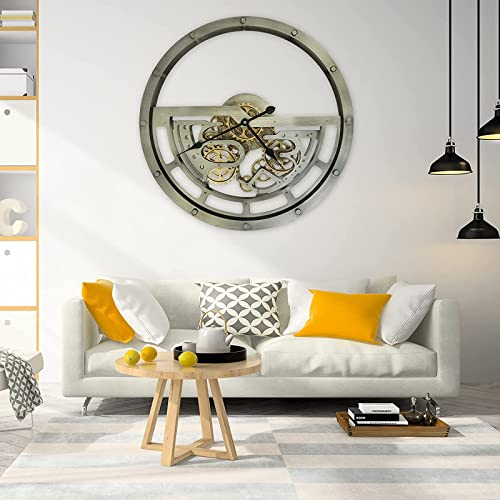 XYFZRL Large Wall Clock with Real Moving Gears 26In Farmhouse Industrial Steampunk Aesthetics Art Home Decor Clock Modern Metal Silent Wall Clock for Living Room Decor Kitchen Office (Bronze Copper)