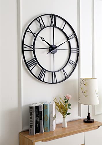 CLXEAST 30 Inch Large Wall Clock Modern, Oversized Roman Numeral Decorative Art Metal Wall Clock, Indoor Silent Clock for Living Room Decor,Fireplace,Office- Black(30")
