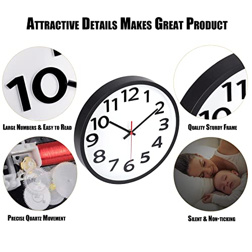 Wall Clock Battery Operated Silent Non-Ticking Easy to Read Modern Decorative for Home Office School (10 Inch Black)