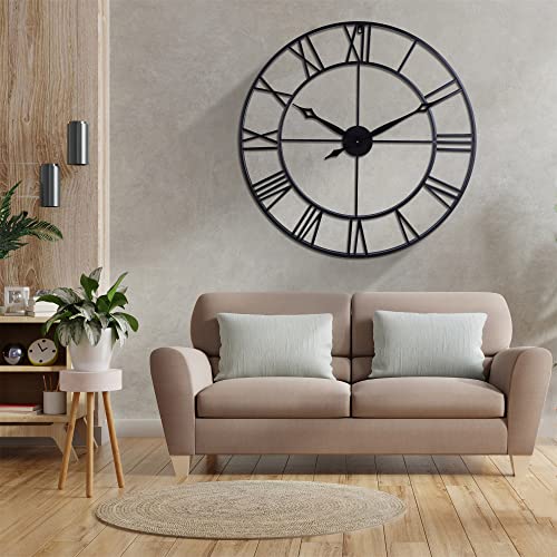 CLXEAST 30 Inch Large Wall Clock Modern, Oversized Roman Numeral Decorative Art Metal Wall Clock, Indoor Silent Clock for Living Room Decor,Fireplace,Office- Black(30")