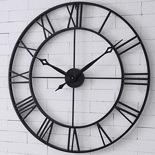 CLXEAST 30 Inch Large Wall Clock Modern, Oversized Roman Numeral Decorative Art Metal Wall Clock, Indoor Silent Clock for Living Room Decor,Fireplace,Office- Black(30")