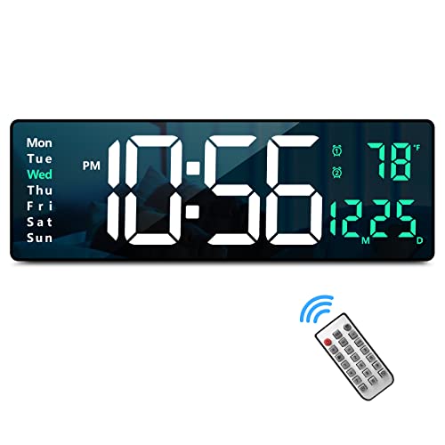 Digital Wall Clock Large Display, 16" Large Wall Clocks with Remote Control for Living Room Gym Shop Warehouse Office Garage Decor, Auto Brightness Dimmer Reloj De Pared with Date Week Temp (Green)