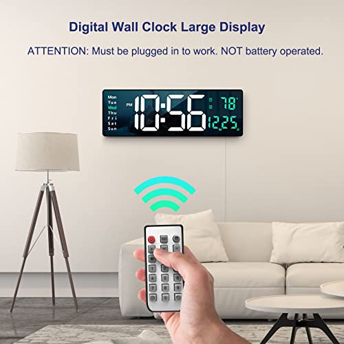 Digital Wall Clock Large Display, 16" Large Wall Clocks with Remote Control for Living Room Gym Shop Warehouse Office Garage Decor, Auto Brightness Dimmer Reloj De Pared with Date Week Temp (Green)