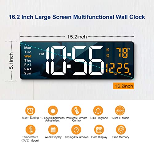 Digital Wall Clock Large Display, 16" Large Wall Clocks with Remote Control for Living Room Gym Shop Warehouse Office Garage Decor, Auto Brightness Dimmer Reloj De Pared with Date Week Temp (Green)
