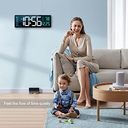 Digital Wall Clock Large Display, 16" Large Wall Clocks with Remote Control for Living Room Gym Shop Warehouse Office Garage Decor, Auto Brightness Dimmer Reloj De Pared with Date Week Temp (Green)