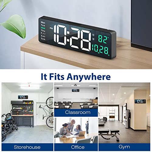 Digital Wall Clock Large Display, 16" Large Wall Clocks with Remote Control for Living Room Gym Shop Warehouse Office Garage Decor, Auto Brightness Dimmer Reloj De Pared with Date Week Temp (Green)