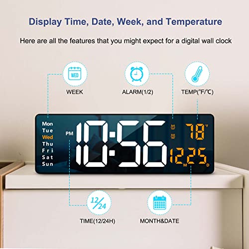 Digital Wall Clock Large Display, 16" Large Wall Clocks with Remote Control for Living Room Gym Shop Warehouse Office Garage Decor, Auto Brightness Dimmer Reloj De Pared with Date Week Temp (Green)