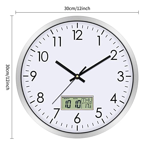 Lumuasky Digital Wall Clock with Date, Month, Day of Week and Temperature, 12 inch Silent Non-Ticking Battery Operated Analog Clock for Living Room Bedroom Kitchen Classroom Office Home School