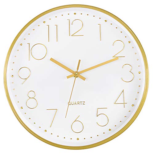 Foxtop Gold Wall Clock 12 Inch Silent Non-Ticking Battery Operated Round Quartz Modern Wall Clock for Office Living Room Kitchen Bedroom Home Decor