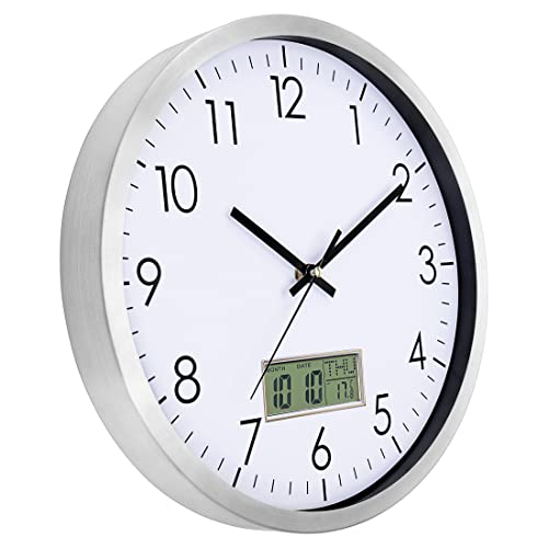 Lumuasky Digital Wall Clock with Date, Month, Day of Week and Temperature, 12 inch Silent Non-Ticking Battery Operated Analog Clock for Living Room Bedroom Kitchen Classroom Office Home School