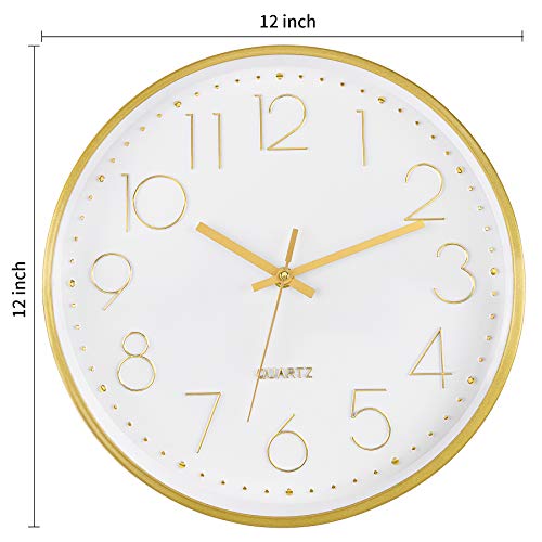 Foxtop Gold Wall Clock 12 Inch Silent Non-Ticking Battery Operated Round Quartz Modern Wall Clock for Office Living Room Kitchen Bedroom Home Decor