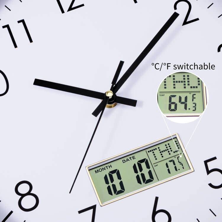 Lumuasky Digital Wall Clock with Date, Month, Day of Week and Temperature, 12 inch Silent Non-Ticking Battery Operated Analog Clock for Living Room Bedroom Kitchen Classroom Office Home School