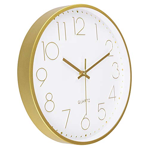 Foxtop Gold Wall Clock 12 Inch Silent Non-Ticking Battery Operated Round Quartz Modern Wall Clock for Office Living Room Kitchen Bedroom Home Decor