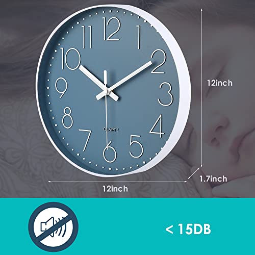 12-Inch Silent Quartz Round Wall Clock - Cerulean