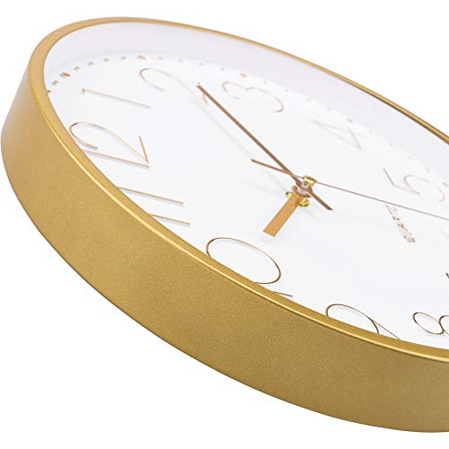 Foxtop Gold Wall Clock 12 Inch Silent Non-Ticking Battery Operated Round Quartz Modern Wall Clock for Office Living Room Kitchen Bedroom Home Decor