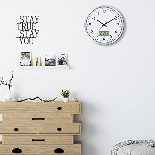 Lumuasky Digital Wall Clock with Date, Month, Day of Week and Temperature, 12 inch Silent Non-Ticking Battery Operated Analog Clock for Living Room Bedroom Kitchen Classroom Office Home School