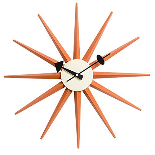 SHISEDECO Modern Sunburst Clock in Orange - Non Ticking, Wooden Mid Century Retro Design Decorative Silent Wall Quartz Clock for Home, Kitchen,Living Room,Office and Bedroom etc.(Orange)